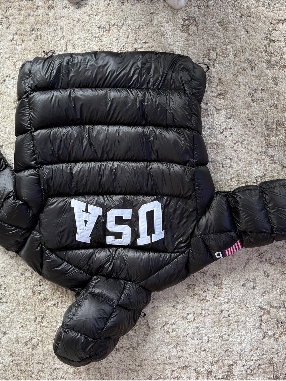 Polo by Ralph Lauren Black Hooded Puffer Jacket with Flag Patch - Picture 2 of 2